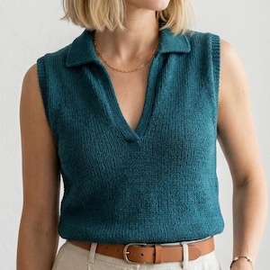 Ärmelloses Strickmuster, Tanktop mit V-Ausschnitt, PDF, moderne Strickmode