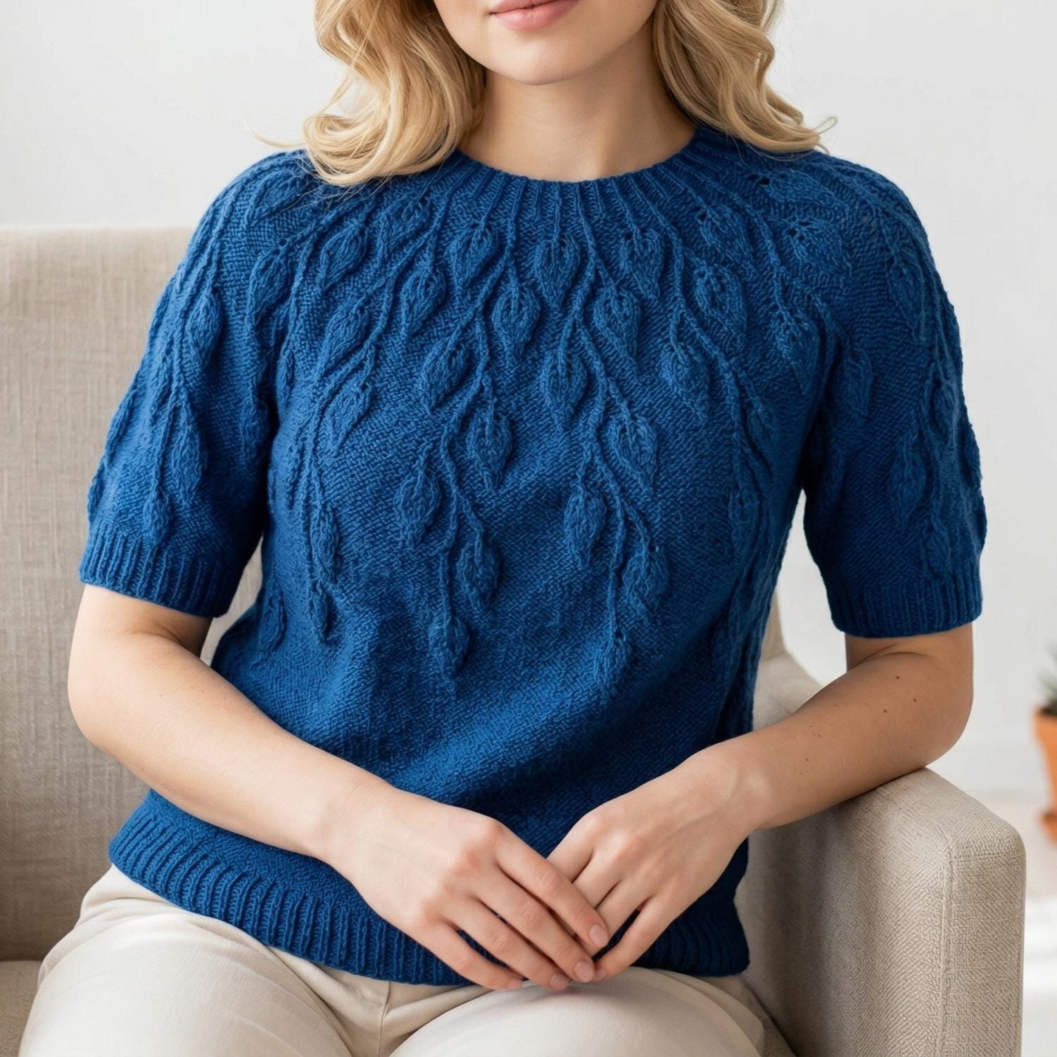 Knit Leaf Top Pattern, Seamless Round Yoke Sweater, Short Sleeve
