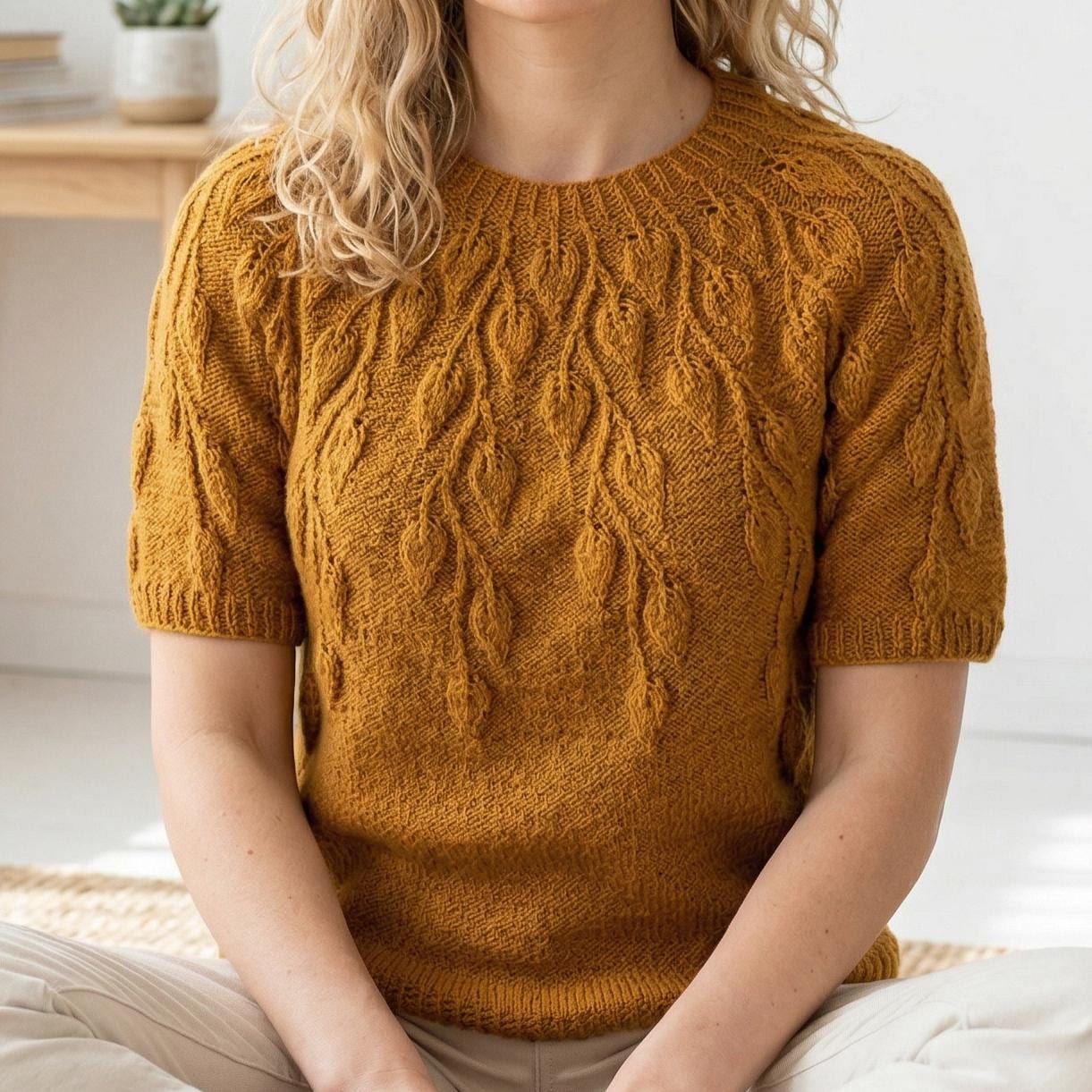 Knit Leaf Top Pattern, Seamless Round Yoke Sweater, Short Sleeve
