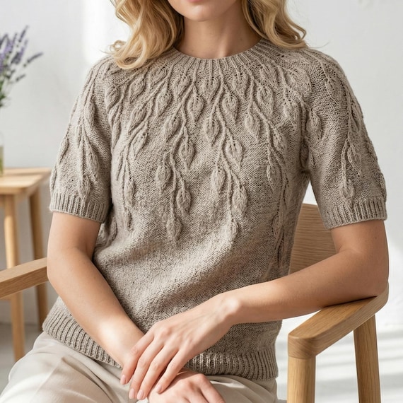 トップス Yoke Leaf PatternPrintenCollarShirt Knit Leaf Top Pattern, Seamless Round Yoke Sweater, Short Sleeve