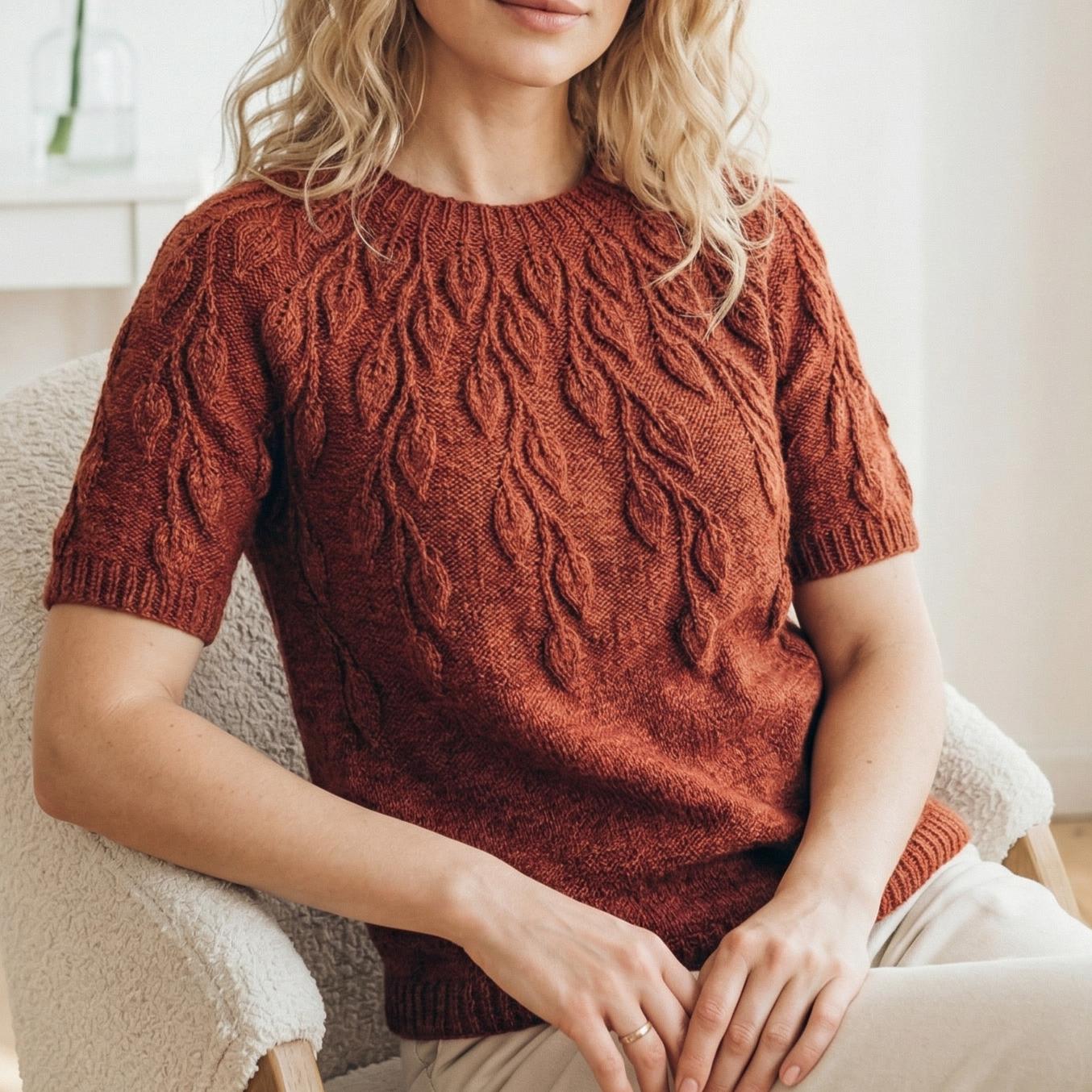 Knit Leaf Top Pattern, Seamless Round Yoke Sweater, Short Sleeve