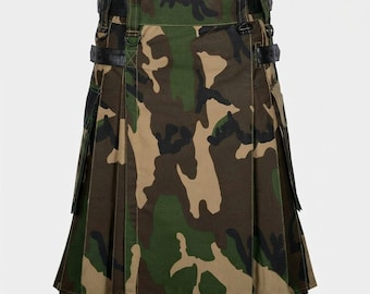Woodland Camo Utility Kilt, Green Cargo Style with Straps and Pleated Design.