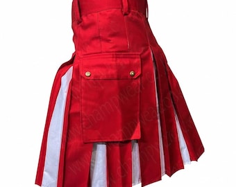 Kilt utilitário híbrido masculino vermelho e branco | Kilt de trabalho moderno com pregas.