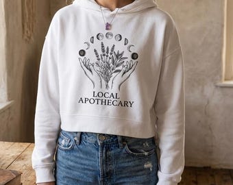 Organic Cotton Hoodie Local Apothecary Botanical Moon Phase Sweatshirt Witchy Plant Lover Pullover