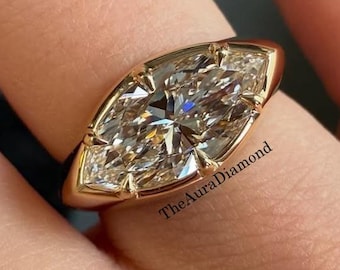 Anillo de compromiso de diamantes y moissanita talla marquesa de 2 quilates de East West, anillo de boda de oro macizo de 14 quilates, anillo de promesa solitario único, regalos de aniversario