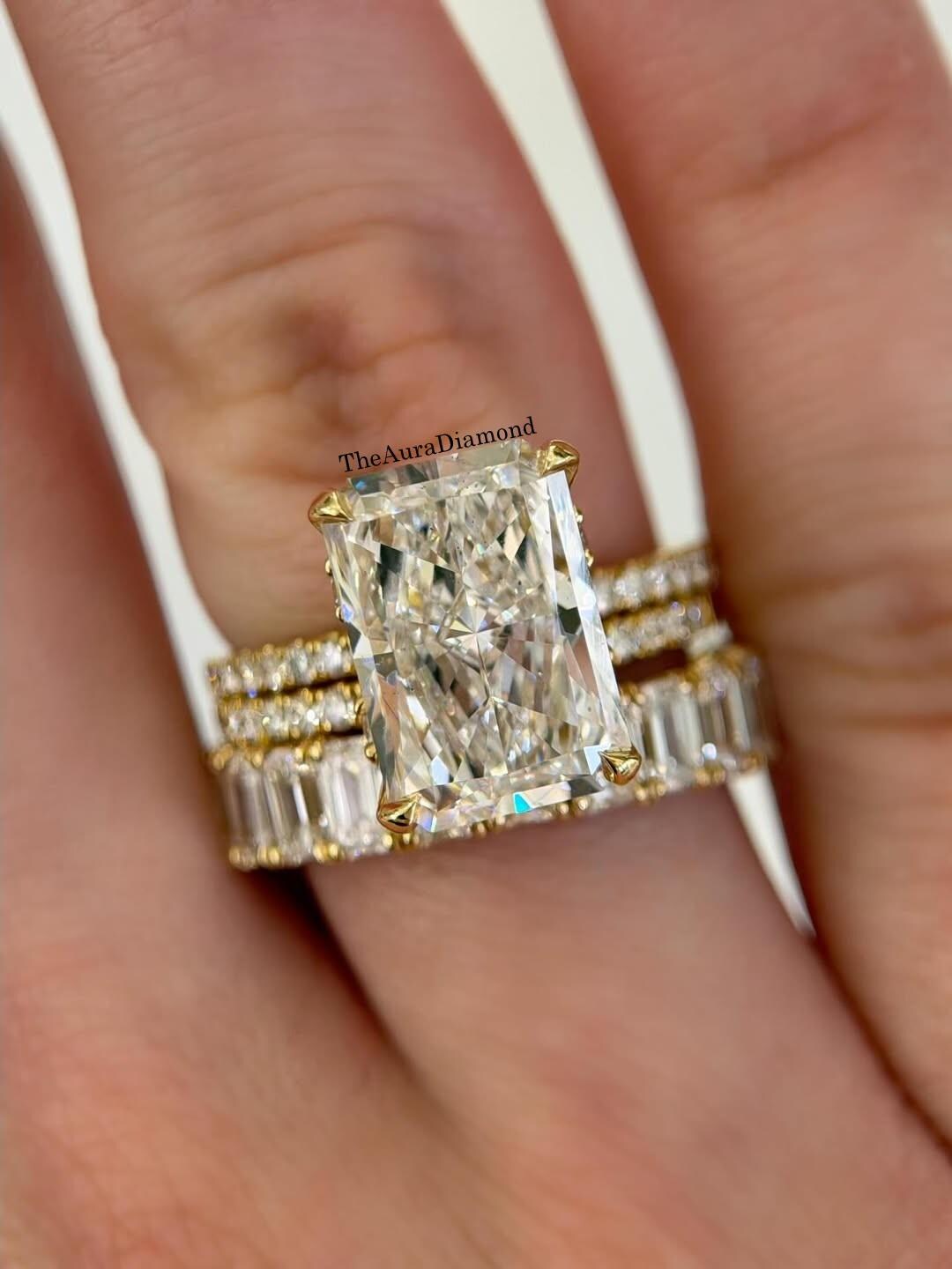 10TCW Radiant Cut Moissanite Bridal Ring Set, 14K Gold Wedding Ring Set ...