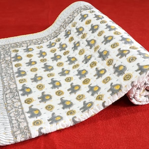 Indian Block Print Baby Blanket - Grey & Yellow Elephant Kantha Gudri - Neutral Nursery Decor
