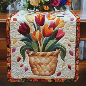 Basket of Tulips Quilted Table Runner, Floral Home Decor, Spring Table Accent Runner for Dining