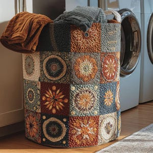 May include: A cylindrical laundry hamper featuring a quilted patchwork design with square panels in shades of rust, navy blue, cream, and sage green. The fabric displays intricate floral and circular patterns with visible stitching throughout.