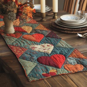 May include: A quilted table runner featuring a patchwork design of hearts in shades of red, orange, and teal. The fabric displays various patterns including floral and geometric prints, with visible stitching throughout the quilted surface.