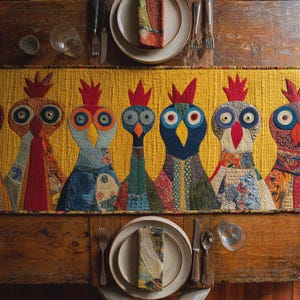 Quilted Chicken Table Runner Funny Yellow Farmhouse Decor Whimsical Rooster Table Mat