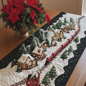 Winter Village Train Quilted Table Runner, Christmas Holiday Decor, Festive Table Accent for Home