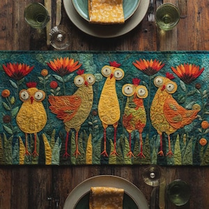 Funny Chicken Table Runner Quilted Farmhouse Table Decor Whimsical Bird Table Linen Gift