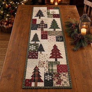 May include: A rectangular quilted table runner featuring a patchwork design of Christmas trees, snowflakes, and floral patterns in shades of red, green, white, and black. The runner has a dark green border and a stitched texture throughout the fabric.