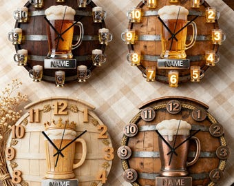 Reloj de pared personalizado con forma de barril de cerveza impreso en 2D, reloj rústico con nombre personalizado, decoración de pared estilo granja vintage, regalo para amantes de la cerveza, decoración de bar.