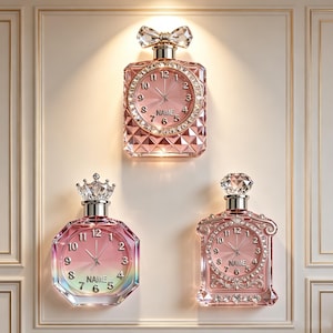 May include: Three wall clocks shaped like perfume bottles in shades of pink and iridescent glass. The top clock features a bow topper, the bottom left a crown, and the bottom right a diamond-shaped stopper, all with the word NAME on the face.