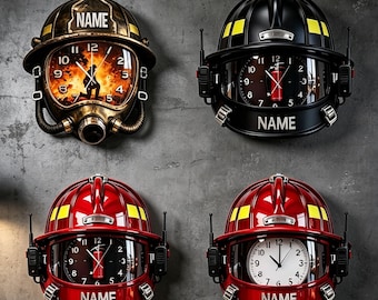 Gepersonaliseerde 2D-geprinte brandweerhelm wandklok, wandklok met aangepaste naam voor brandweerman, uniek heldencadeau voor brandweerman