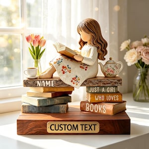 Estatueta de madeira "Apenas uma garota que ama livros", placa de madeira personalizada com nome para amante de livros, presente para amantes de livros, decoração de biblioteca, decoração de estante de leitor