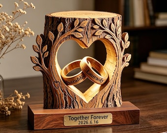 Personalisierte 2D geschnitzte Baum Herz Holz Verzierung, individuell gravierte Name Paar Ringe Gravur, für immer zusammen Geschenk für ihn sie