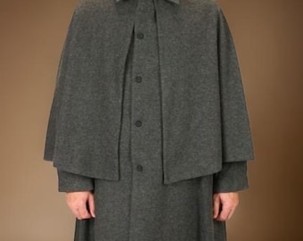 Capa Inverness para hombre, 100% lana – Gris, forro color caramelo, ideal para todas las estaciones.