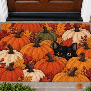 May include: A rectangular doormat featuring a vibrant autumn scene with numerous orange, white, and green pumpkins, red berries, and fallen maple leaves. A black cat with large, bright yellow eyes peeks out from behind the pumpkins.