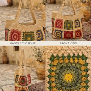 May include: A beige crochet tote bag with colorful square patterns. The bag features a handle close-up, front view, side profile, and stitch detail. The squares are in shades of red, green, yellow, and blue. The text "HANDLE CLOSE-UP", "FRONT VIEW", "SIDE PROFILE", and "STITCH DETAIL" are visible.