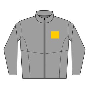 May include: A grey zip-up jacket with a stand-up collar and a small yellow square on the chest. The jacket features a full-length zip and two vertical seams on the front. The sleeves are long and the jacket appears to be made of a lightweight material.