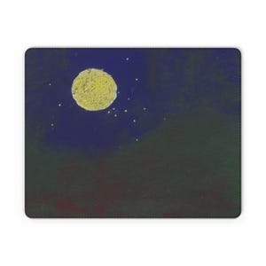May include: Rectangular mousepad featuring a night sky scene. A large, yellow moon is centered in the upper portion, surrounded by small white stars. The background transitions from dark blue to dark green.