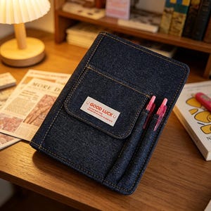 Puede incluir: Una funda de cuaderno azul oscuro, estilo denim, con un bolsillo y dos bol&iacute;grafos rosas. El bolsillo tiene una etiqueta blanca con la inscripci&oacute;n "GOOD LUCK". La funda del cuaderno es rectangular y tiene costuras amarillas.