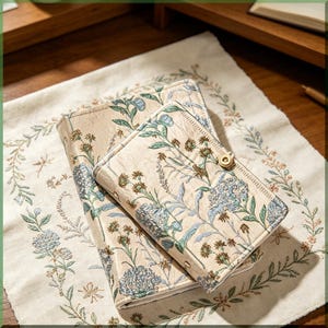 Puede incluir: Dos cuadernos beige con estampado floral y cierre de botón, colocados sobre un mantel individual bordado a juego. Los cuadernos presentan diseños florales azules, verdes y marrones. El fondo es una superficie de madera.