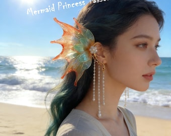 Joyería de borlas de alas de sirena con alas de hada elfa, sin perforación, envoltorio de flor de resina para la oreja