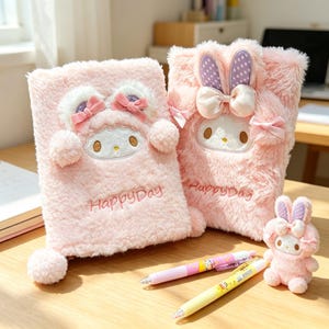 Puede incluir: Dos cuadernos rosas de felpa con orejas de conejo y caras bordadas, junto con un pequeño conejo de peluche y dos bolígrafos. Los cuadernos tienen el texto "Happy Day" bordado. Sobre una superficie de madera.
