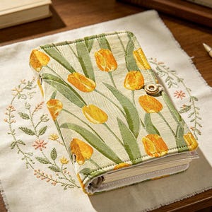 May include: A fabric-covered notebook featuring a pattern of yellow tulips and green leaves on a light background. The cover is secured with a small wooden button closure and visible stitching along the edges, protecting the internal paper pages.