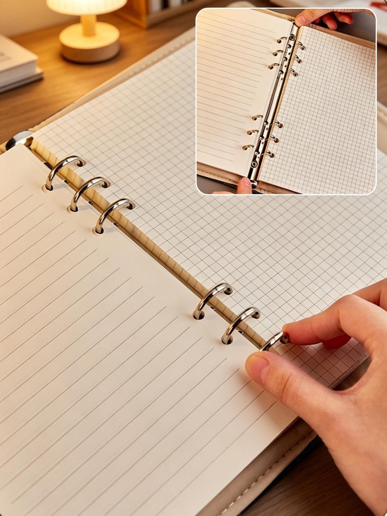 Puede incluir: Cuaderno abierto con papel rayado y cuadriculado. El cuaderno tiene una cubierta marr&oacute;n claro y anillos met&aacute;licos plateados. Se muestra una mano abriendo los anillos para agregar o quitar p&aacute;ginas. Las p&aacute;ginas son de color crema.
