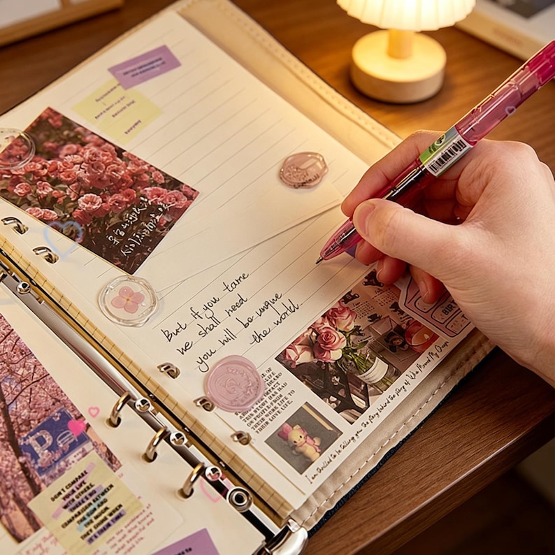 Puede incluir: Un cuaderno abierto con p&aacute;ginas rayadas, adornado con pegatinas florales, sellos de cera rosas y notas manuscritas. Un bol&iacute;grafo rosa est&aacute; sobre el papel. El cuaderno est&aacute; sobre una superficie de madera, con una peque&ntilde;a l&aacute;mpara en el fondo. Tema: papeler&iacute;a y diario.