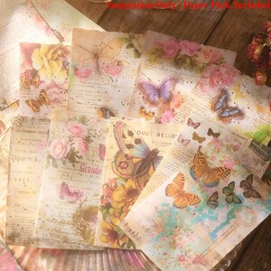 May include: A collection of vintage-style paper sheets with butterfly and floral designs. The papers feature faded colors, script, and illustrations of butterflies, roses, and other flowers. The overall aesthetic is romantic and antique.