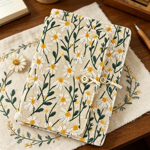 Puede incluir: Una cubierta de diario beige con un diseño de bordado floral de margaritas. La cubierta se asegura con dos botones de madera y un cierre de cuerda. El bordado presenta margaritas blancas con centros amarillos y tallos verdes.