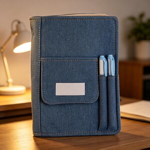 Puede incluir: Una funda de cuaderno de mezclilla azul con un bolsillo y portal&aacute;pices. La funda tiene una etiqueta rectangular blanca en el bolsillo. Dos bol&iacute;grafos, uno blanco y otro azul, est&aacute;n en los portal&aacute;pices.