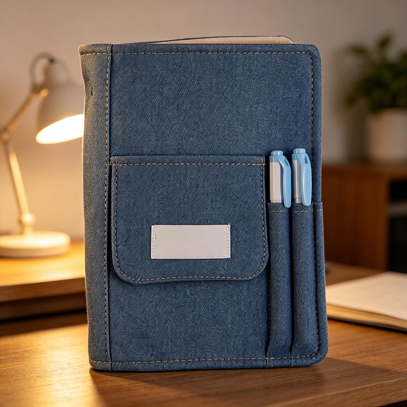 Puede incluir: Una funda de cuaderno de mezclilla azul con un bolsillo y portal&aacute;pices. La funda tiene una etiqueta rectangular blanca en el bolsillo. Dos bol&iacute;grafos, uno blanco y otro azul, est&aacute;n en los portal&aacute;pices.