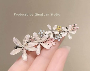 Fermaglio per capelli originale con fiore rosa, clip floreale in alluminio leggero