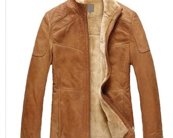 Men's Tan Genuine Leather Shearling B3 Bomber Jacket – Warm Winter Coat