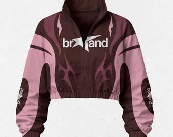 Women's Y2K Techwear Crop Jacket – Pink Brown Graphic Windbreaker Streetwear Cyberpunk Track Jacket