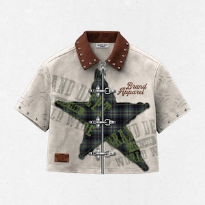 Chaqueta técnica personalizada de manga corta, estilo punk, de cuero, con estampado patchwork.