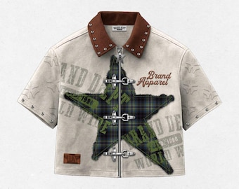Custom Techwear Jacket  Short Sleeve Cropped Leather Punk Star Patchwork Apparel