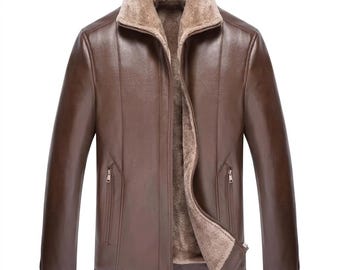 Men's Brown Faux Leather Jacket – Shearling Lined Bomber Warm Winter Coat