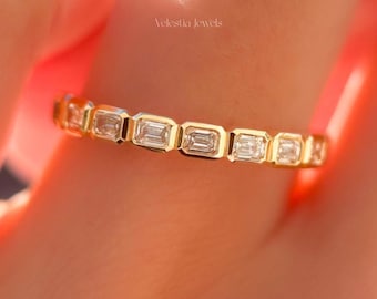 3 CTW IGI Certified Emerald Cut Lab Grown Diamond East West Bezel Set Eternity Wedding Band Ring, East-West Bezel Eternity Band