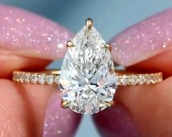 2.50 CT IGI Certified Pear Cut Lab Grown Diamond Engagement Ring, 14K Solid Gold, Hidden Halo Pave Diamond Band, Wedding & Anniversary Rings