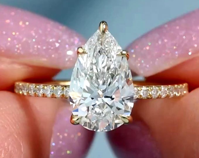 Featured listing image: 2.50 CT IGI Certified Pear Cut Lab Grown Diamond Engagement Ring, 14K Solid Gold, Hidden Halo Pave Diamond Band, Wedding & Anniversary Rings