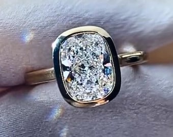 3 CT IGI Certified Elongated Cushion Cut Lab Grown Diamond Bezel Engagement Ring, 14K/18K Solid Gold Solitaire Band, Wedding Ring