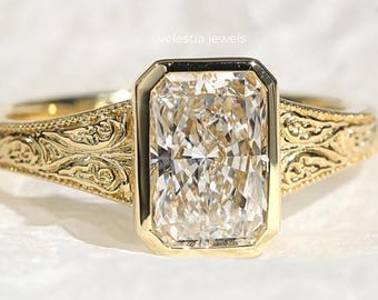 3 CT IGI Certified Radiant Cut Lab Grown Diamond Engagement Ring, 14K/18K Solid Gold, Vintage Engraved Band Radiant Diamond Bezel Ring